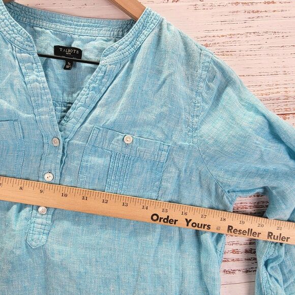 Talbots Linen Pintuck Popover Shirt Womens S Petite Blue Roll Tab Beach Minimal - Picture 4 of 8